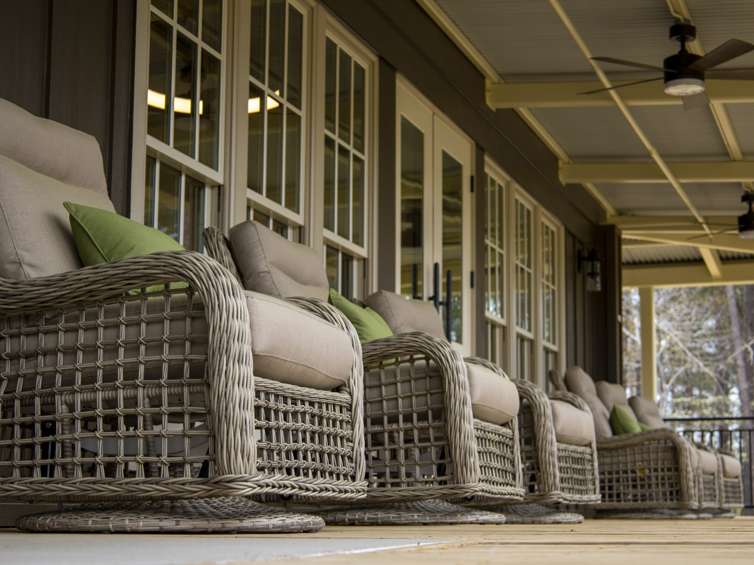 wicker chairs on the porch