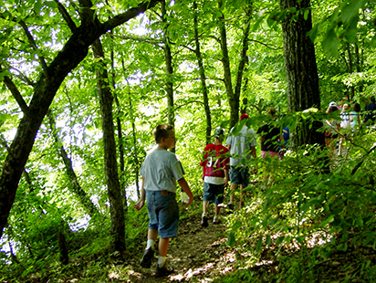 children hiking a forest trail